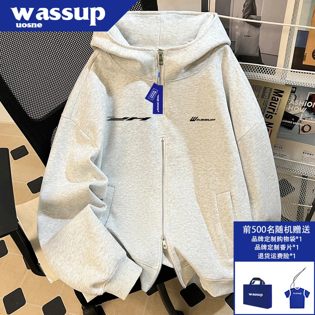 美式街头廓形插兜连帽卫衣男秋季cleanfit百搭复古硬挺双拉链开衫