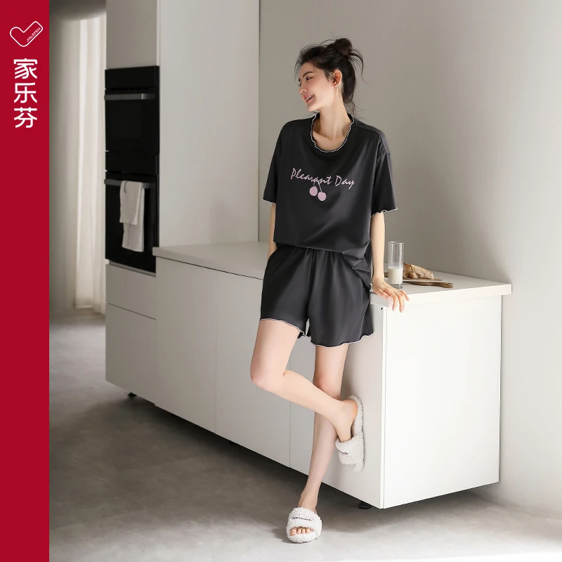 家乐芬带胸垫睡衣女士夏季薄款莫代尔短袖短裤家居服冰丝套装黑色