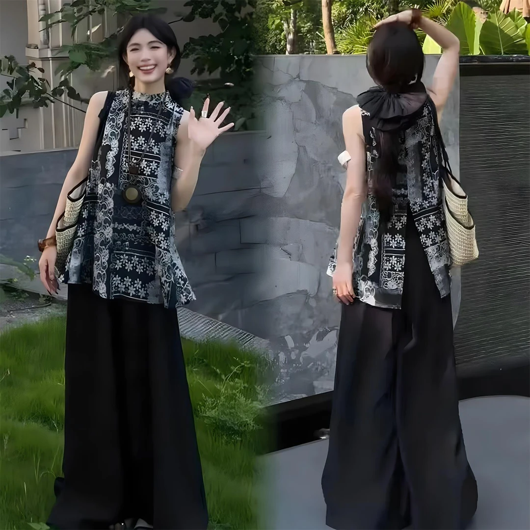 新中式国风套装女两件套2025夏季新款时尚古风无袖上衣高腰裤裙潮