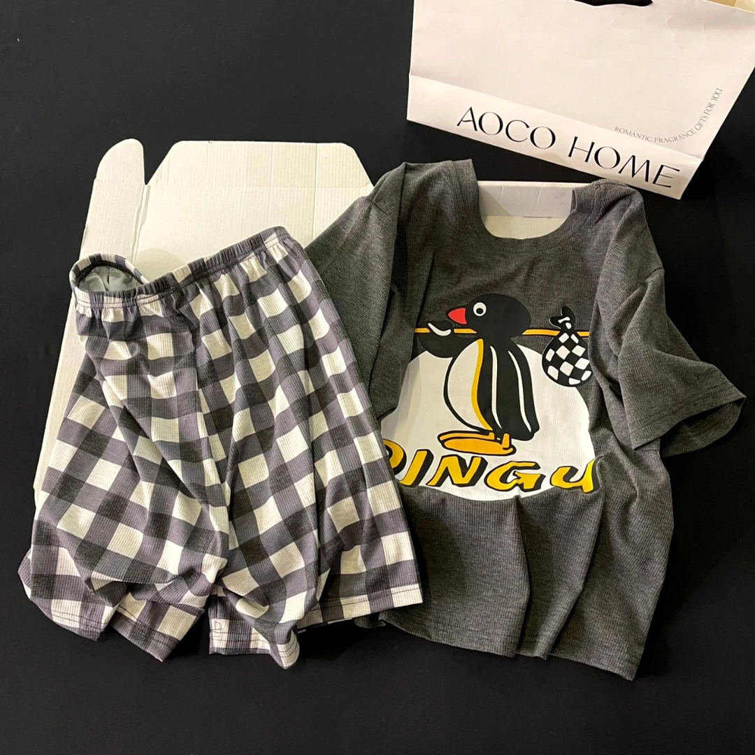 网红风睡衣女夏季2025新款短袖凉感可外穿V领格子企鹅套装家居服