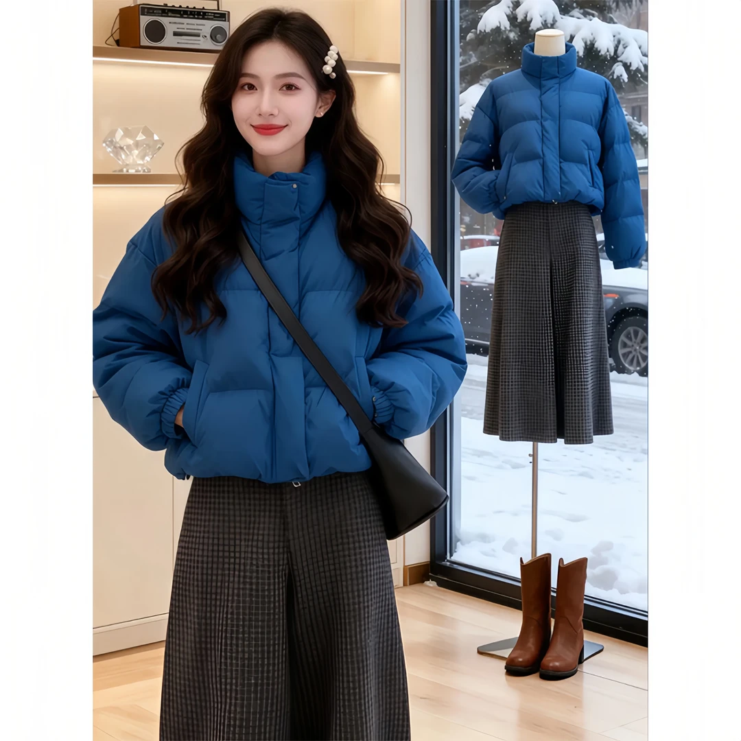 SHALLDOER【迈阿密漫游】蓝色立领棉服女2025冬季韩版加厚时髦外套