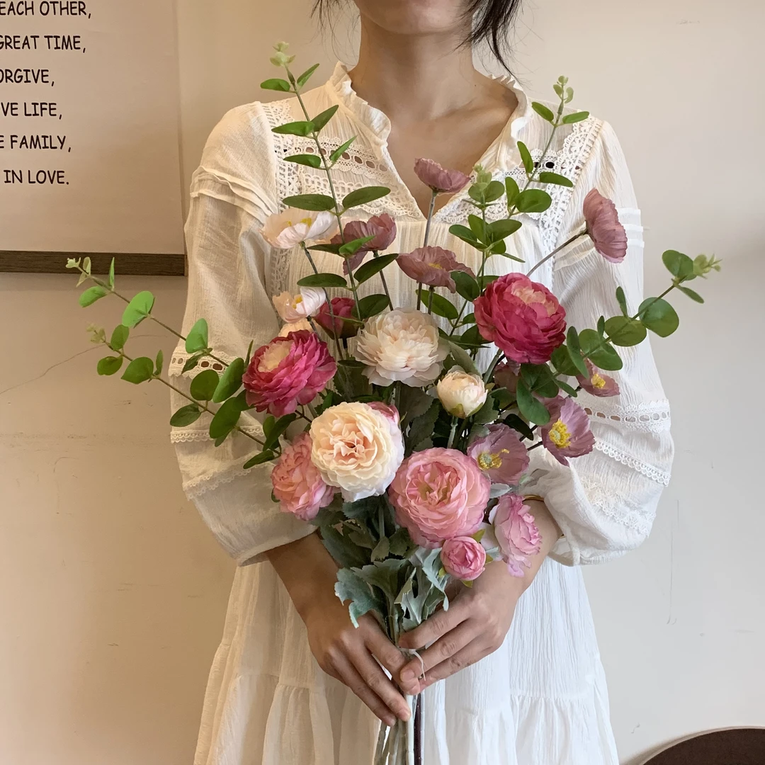 (梦泽)露莲花束尤加利叶虞美人粉紫色系仿真花束 9支花材