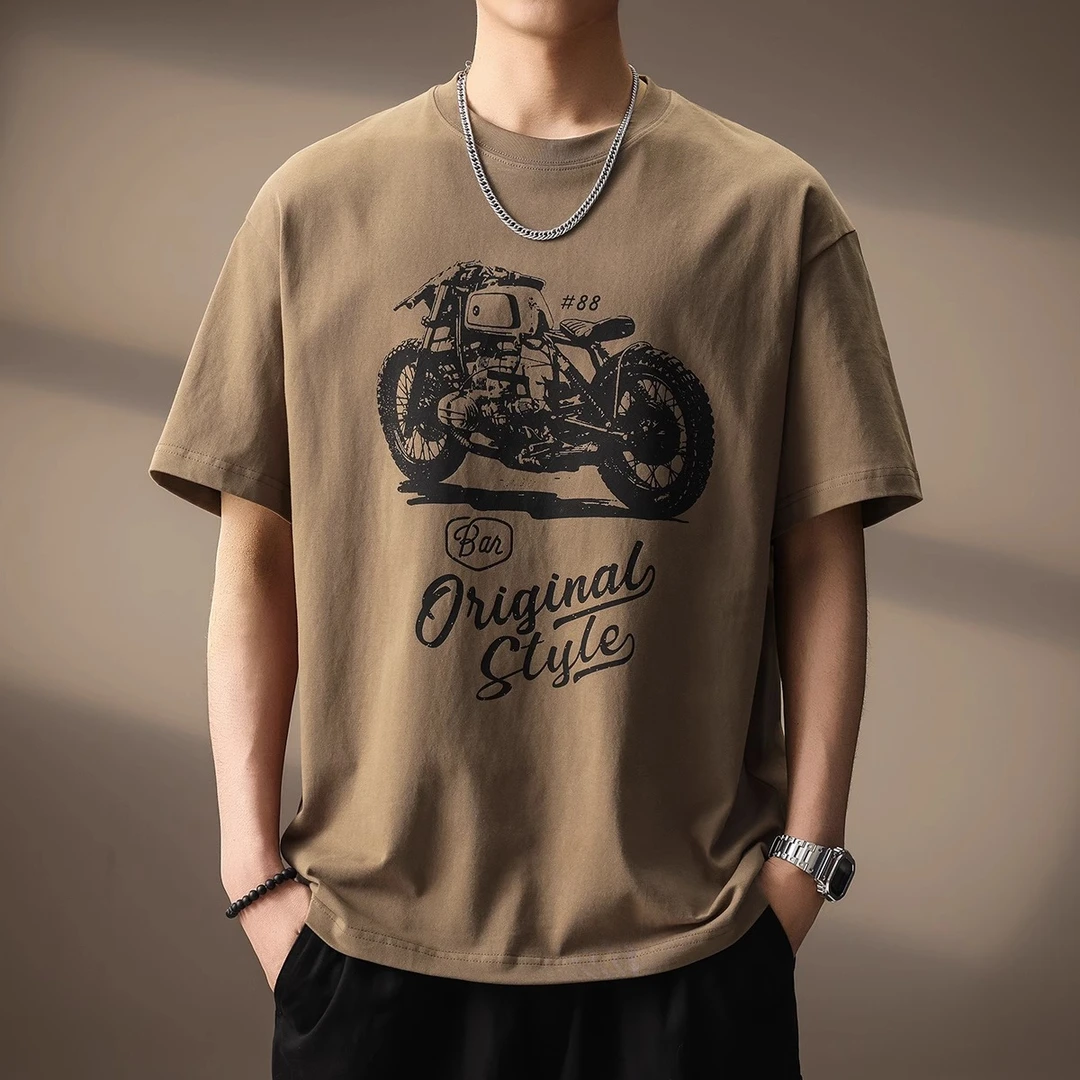高端美式复古260g重磅短袖t恤男夏季美式潮牌机车印花上衣体恤男T