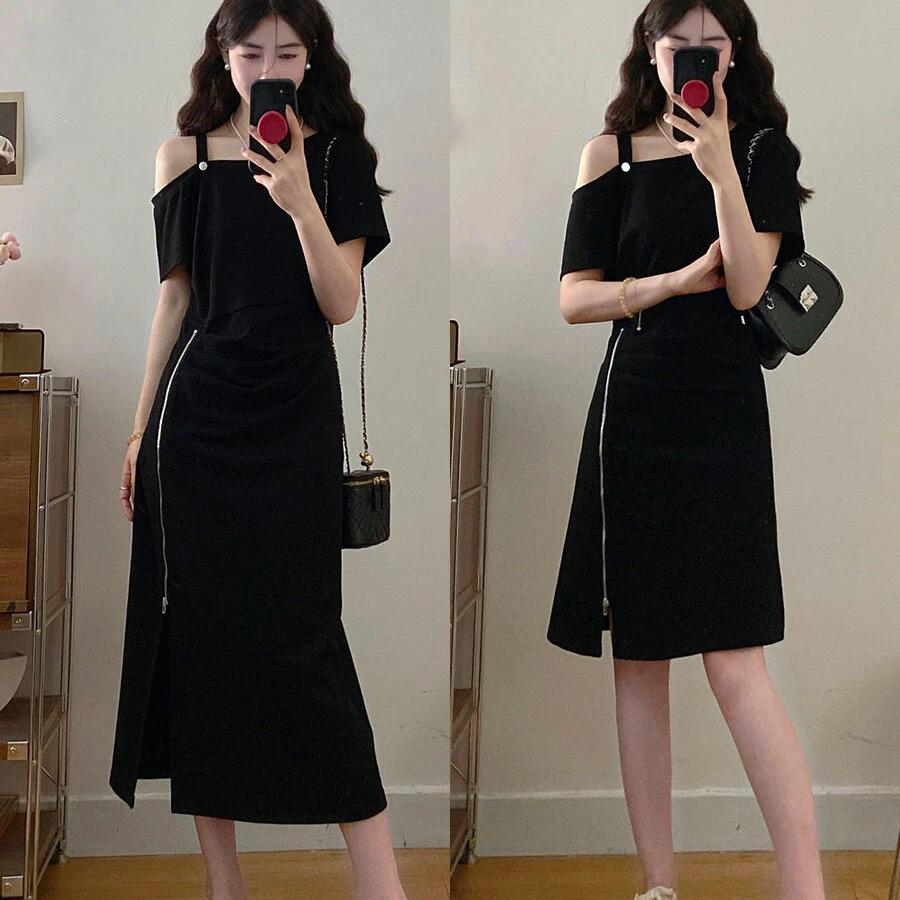 2025大码女装设计感露肩短袖连衣裙女夏胖MM藏肉显瘦气质闺蜜裙