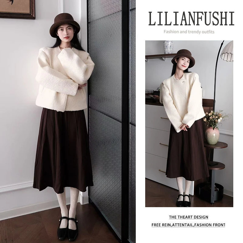 2025冬季温柔系穿搭女2025新款显瘦气质时尚减龄外套半身裙两件套