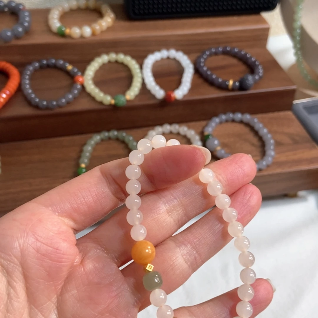 和田玉手链银S925镶嵌蜂蜜水6mm冰底