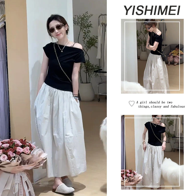 今年流行夏季一整套2025新款纯色百搭一字肩短袖上衣半身裙两件套