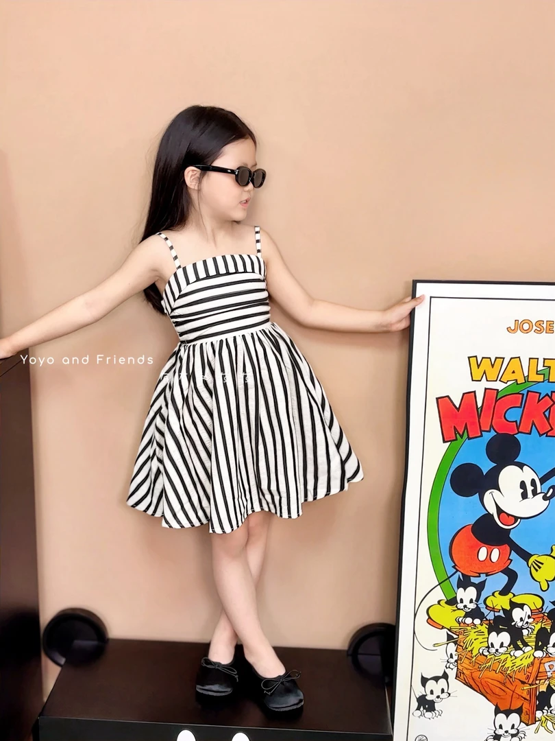 有有家·儿童高品质夏款韩系百搭高级感蓬蓬公主条纹吊带连衣裙414