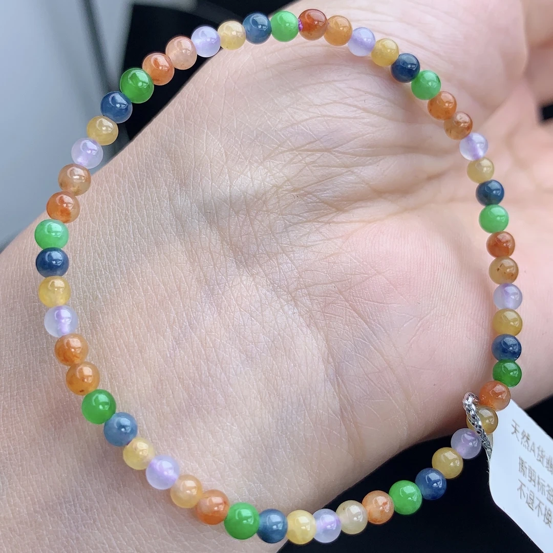 缅甸A货翡翠彩虹多宝小米珠圆珠手链手串单圈T卡3.5mm