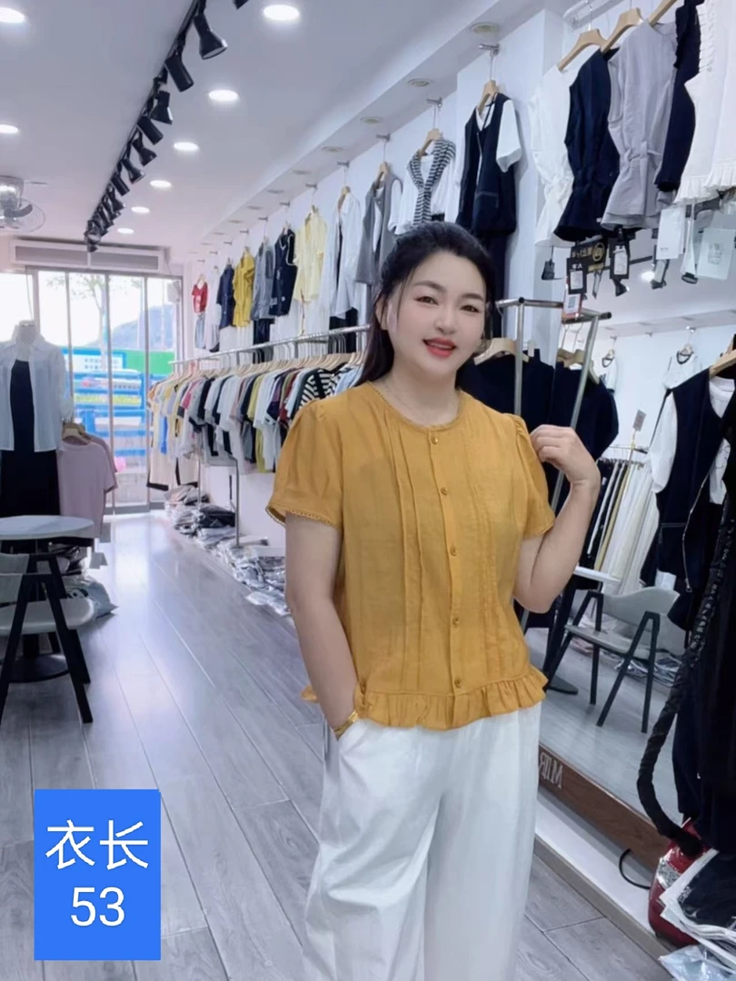 法式甜美下摆花边短袖衬衫女士夏季新款宽松显瘦娃娃衫