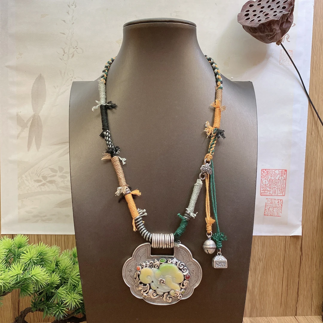 坠链均足银 手工錾刻银项链时尚古风纯手工