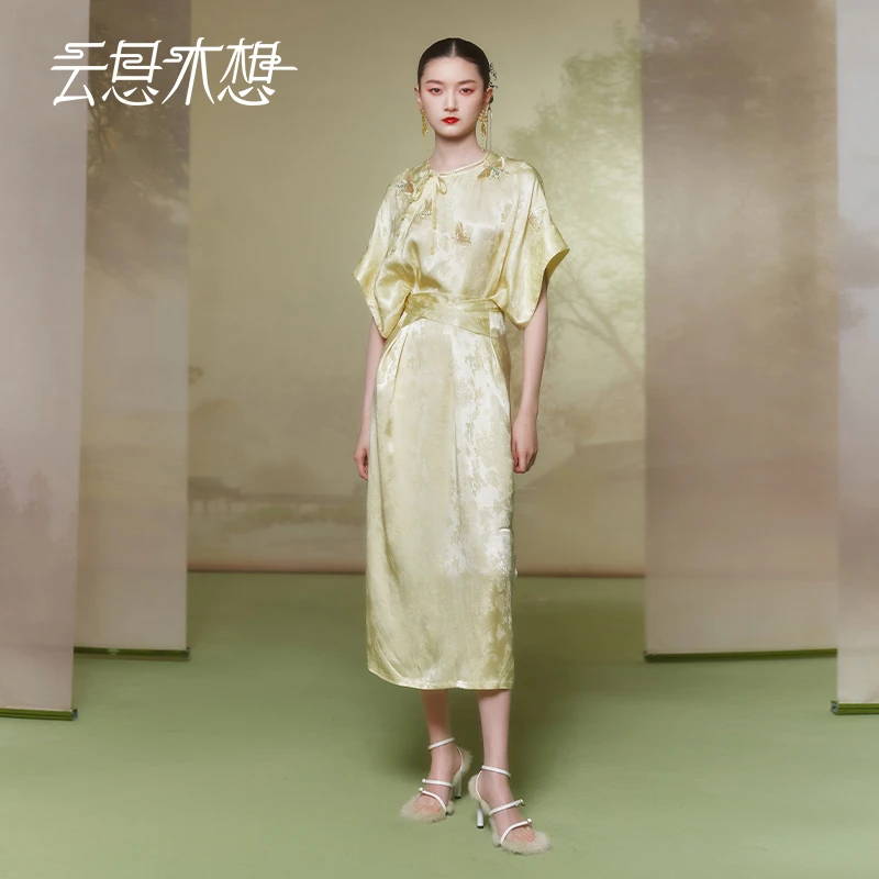 Ysimo-X云思木想新中式2024夏季新款绣花提花优雅腰带连衣裙11661