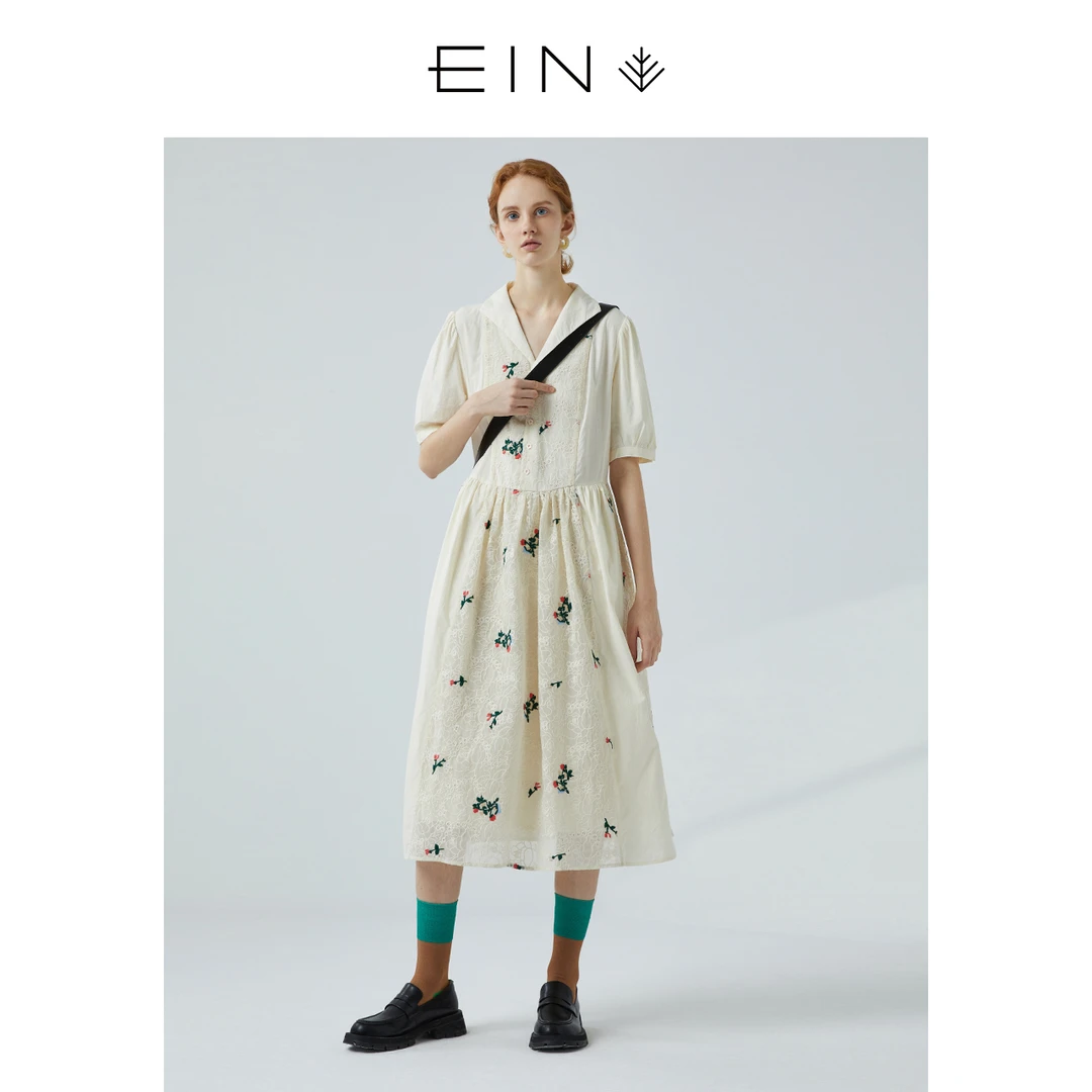 EIN/言【法式茶歇】夏季新品文艺浪漫法式收腰绣花衬衫连衣裙