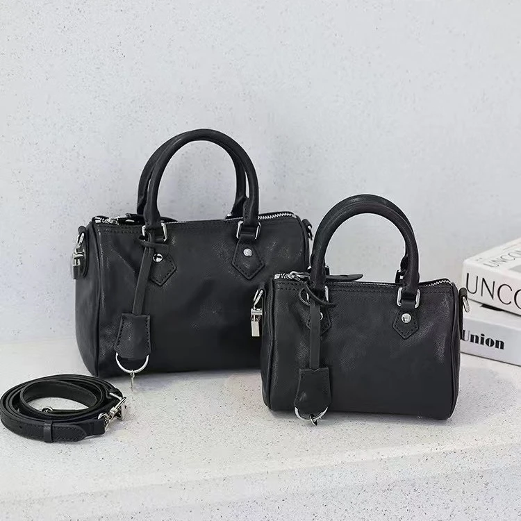 枕头包斜挎包黑色轻奢休闲植鞣牛皮女包波士顿新款百搭包包单肩