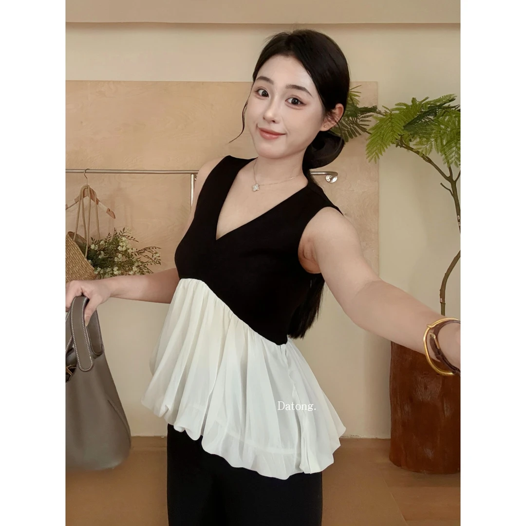【Datong】松弛感撞色v领无袖夏季宽松拼接花苞娃娃衫