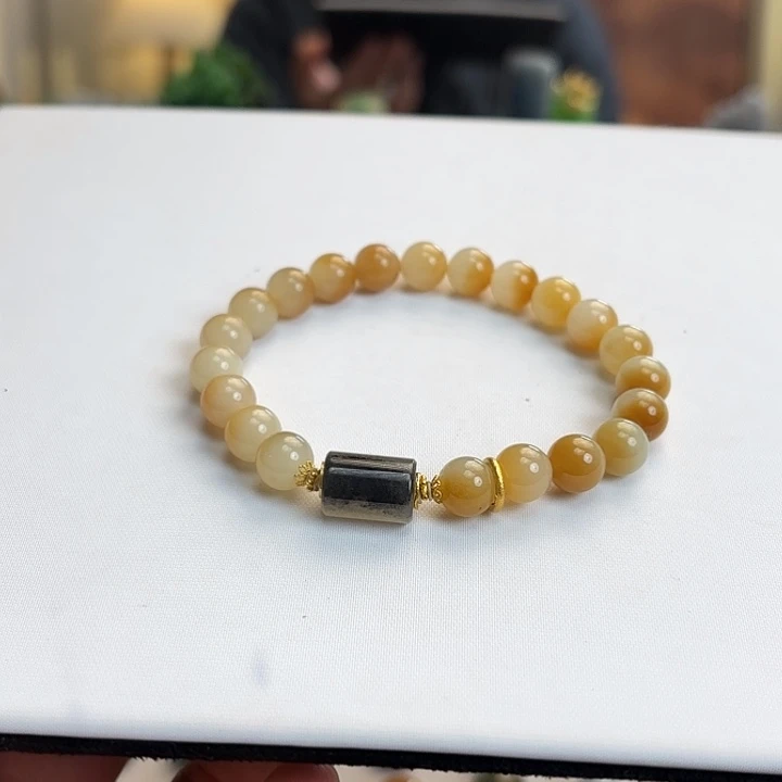 和田玉（糖玉）18K金镶嵌手链8mm糖白