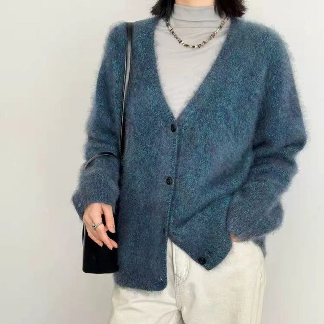 秋冬加厚拉绒V领慵懒风女开衫外套7380