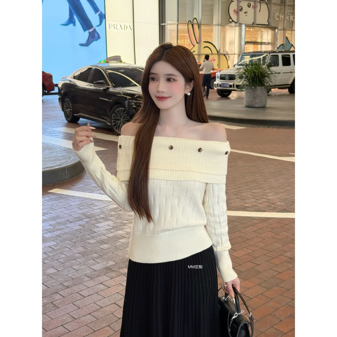 【瑞士日暮】温柔小姐秋冬设计感一字肩纽扣保暖百搭针织上衣A481