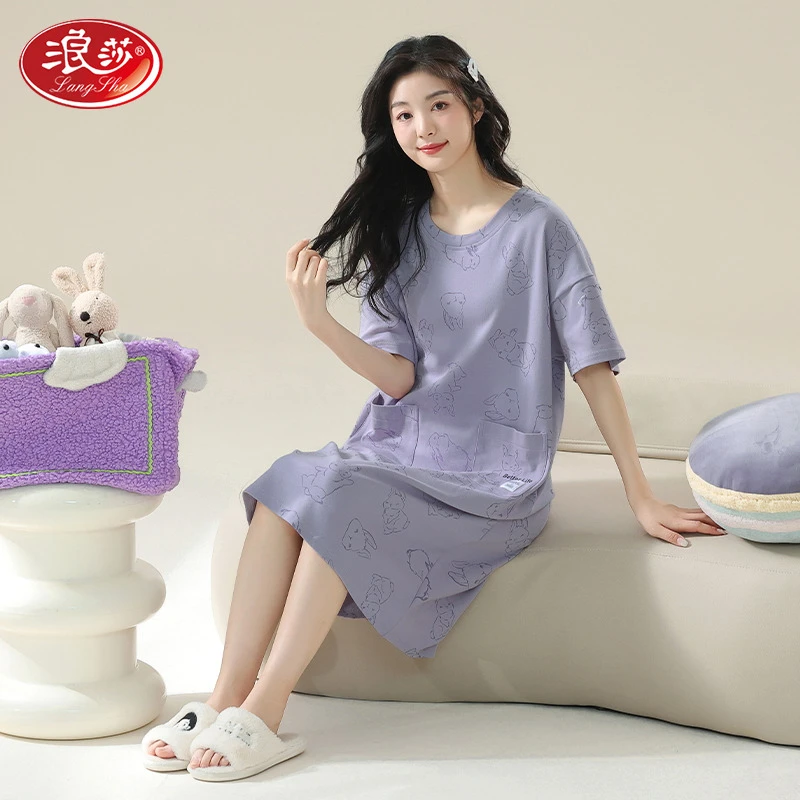 浪莎卡通睡衣女款7A抗菌防螨100%纯棉短袖睡裙女夏季大码宽松可爱