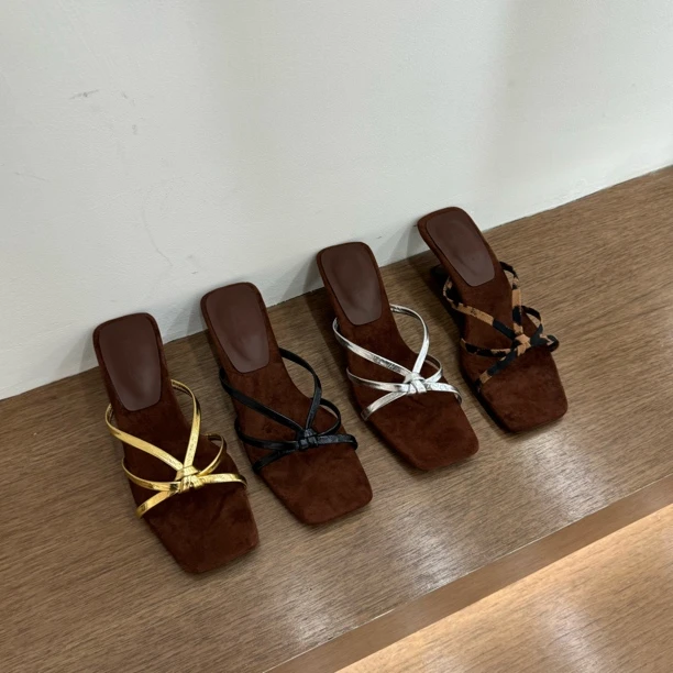 888-7异型跟方头凉拖鞋平底软底一字拖夏季日常舒适坡跟仙女风