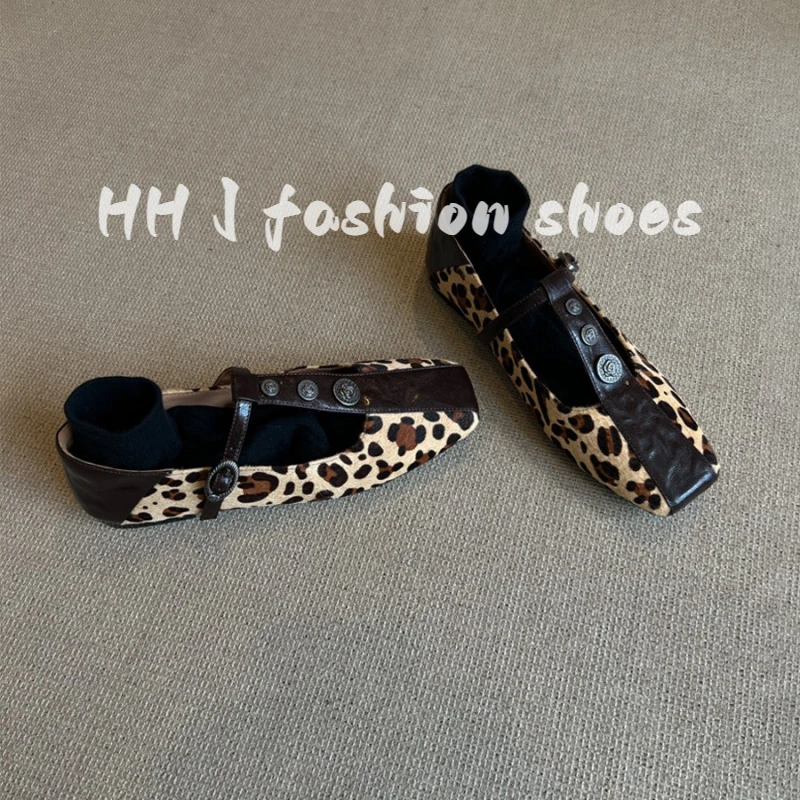 羊皮版~方头复古豹纹一字扣平底玛丽珍鞋小皮鞋金属扣浅口单鞋女