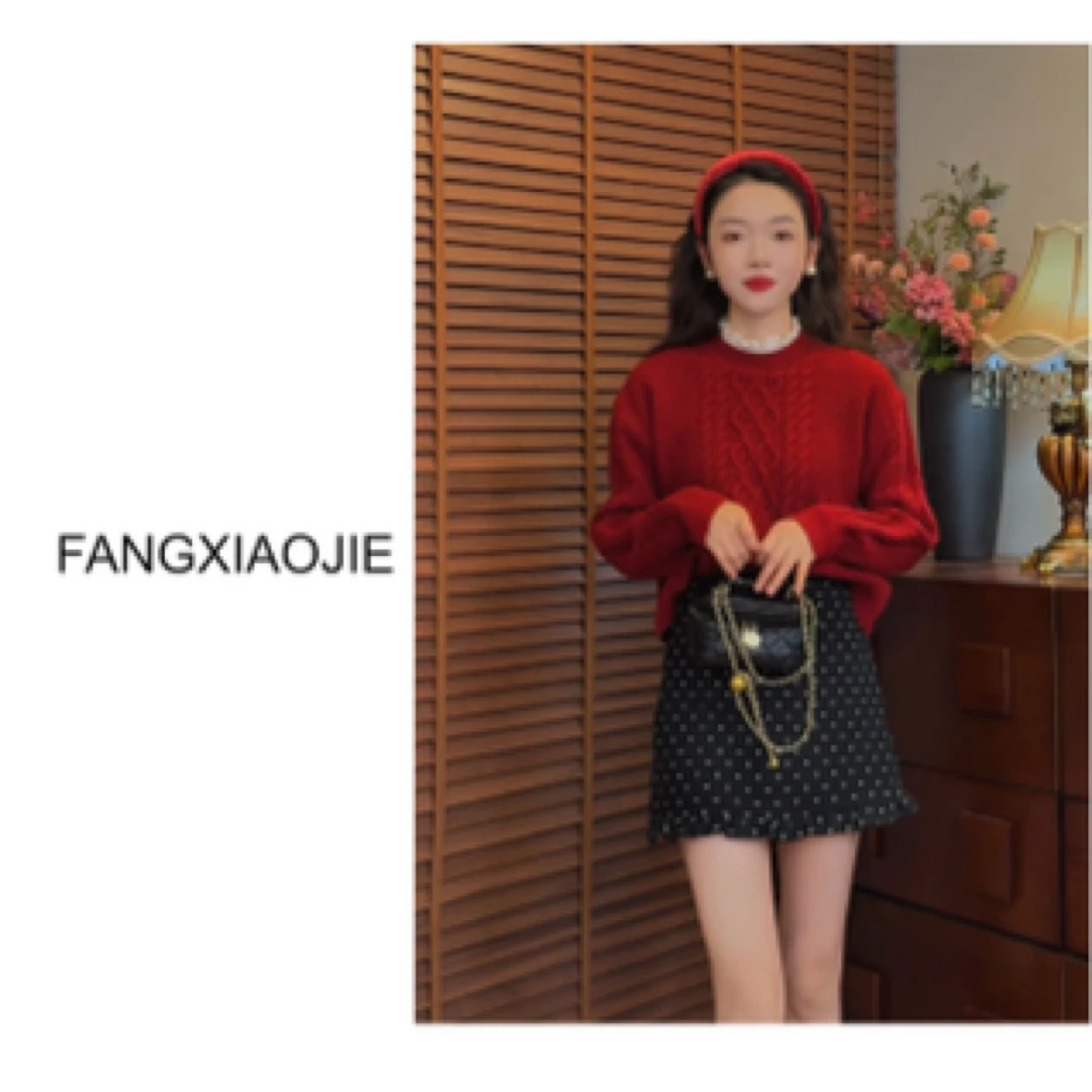 秋冬麻花拼蕾丝半高领针织套头2023冬网红宽松加厚百搭圆领针织衫