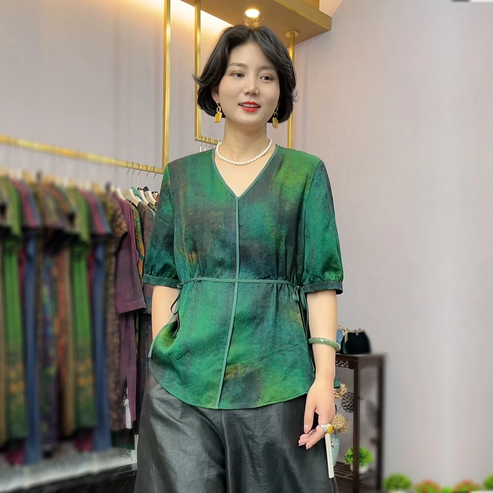 古韵蚕物【9989】香云纱圆领100%桑蚕丝花萝小衫新中式