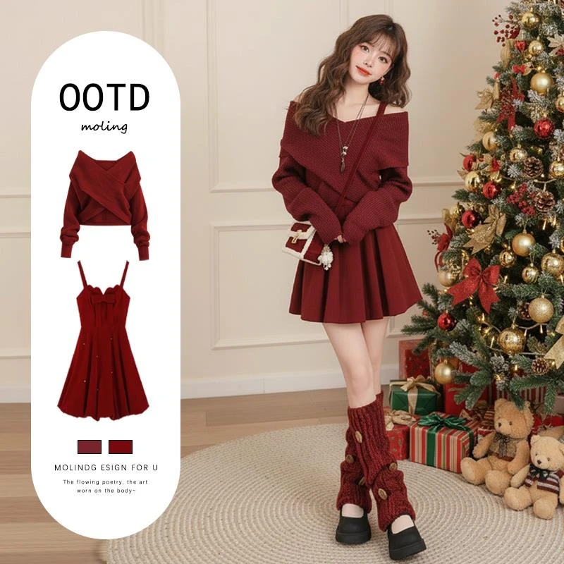 范哲萨红色战袍超好看的冬装红色连衣裙子女2026超火穿搭一整套新