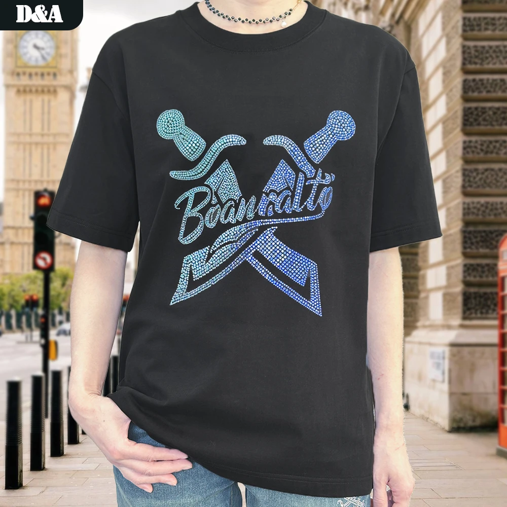 [DA双刀]休闲宽松夏季t恤时尚春夏款大钻上衣半袖纯棉黑色