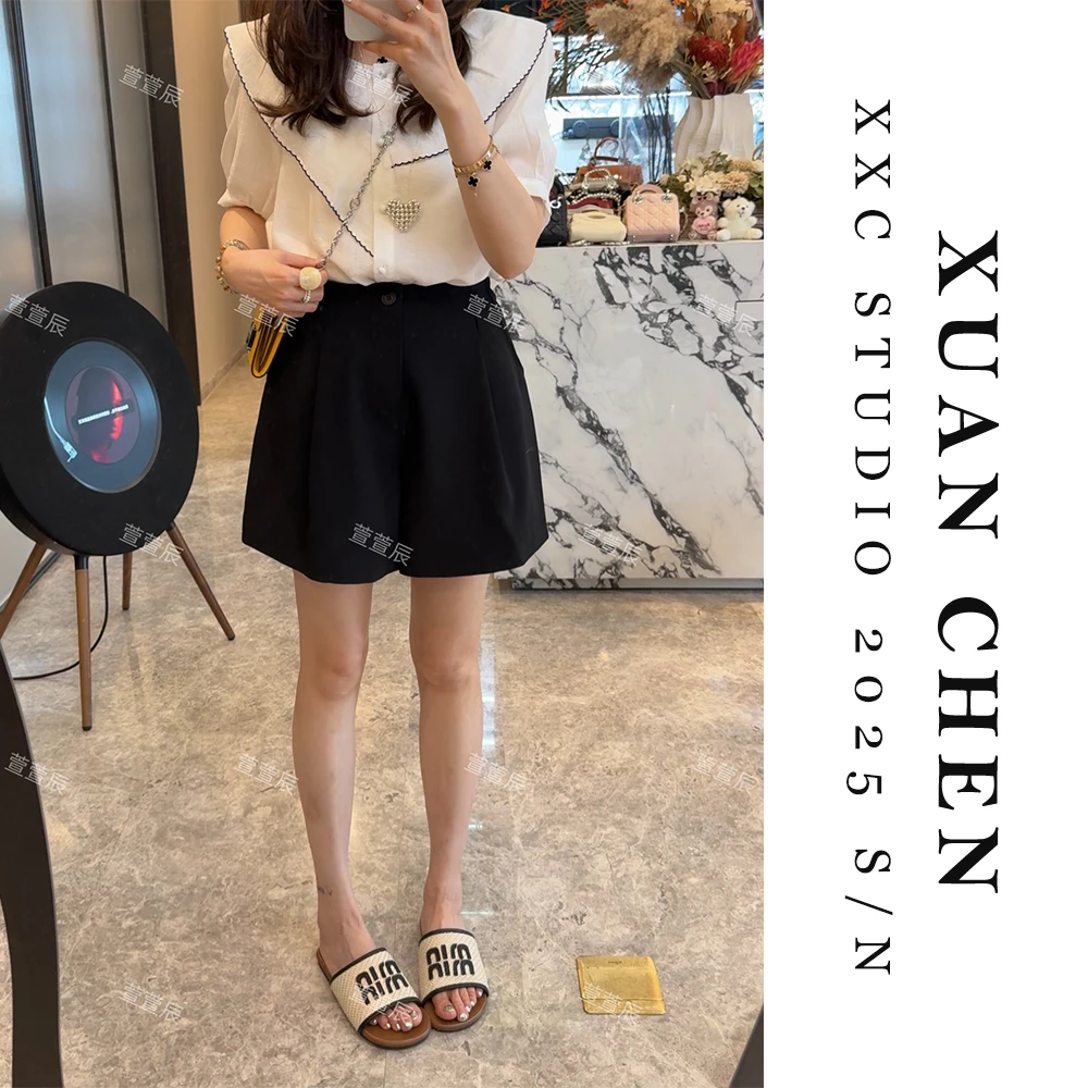 【修腿比例】夏季高腰纯色透气西装阔腿休闲短裤#8501