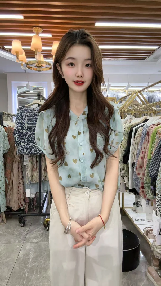 HMY5061501 2025新款设计感荷叶袖波点中袖小衫