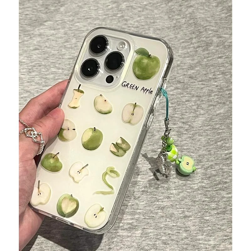 青苹果插画挂件适用iPhone16大孔手机壳华为vivo小米oppo防摔保护