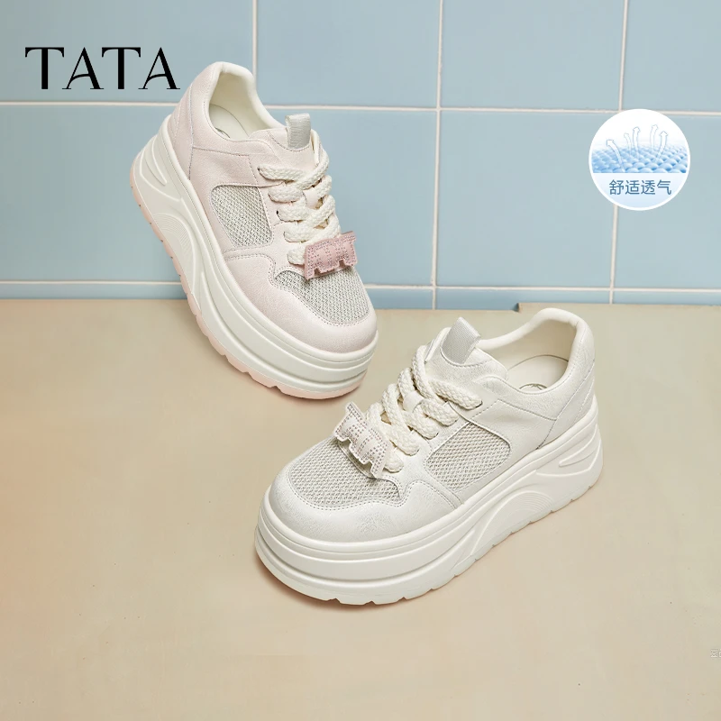 TATA他她厚底休闲板鞋女鞋网面透气松糕小白鞋2025夏新款CP201BM5