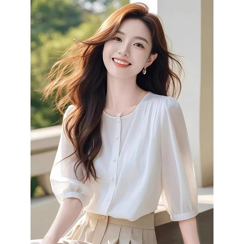 HS7250简约气质衬衫女夏雪纺衫独特别致法式气质高级感七分袖上衣