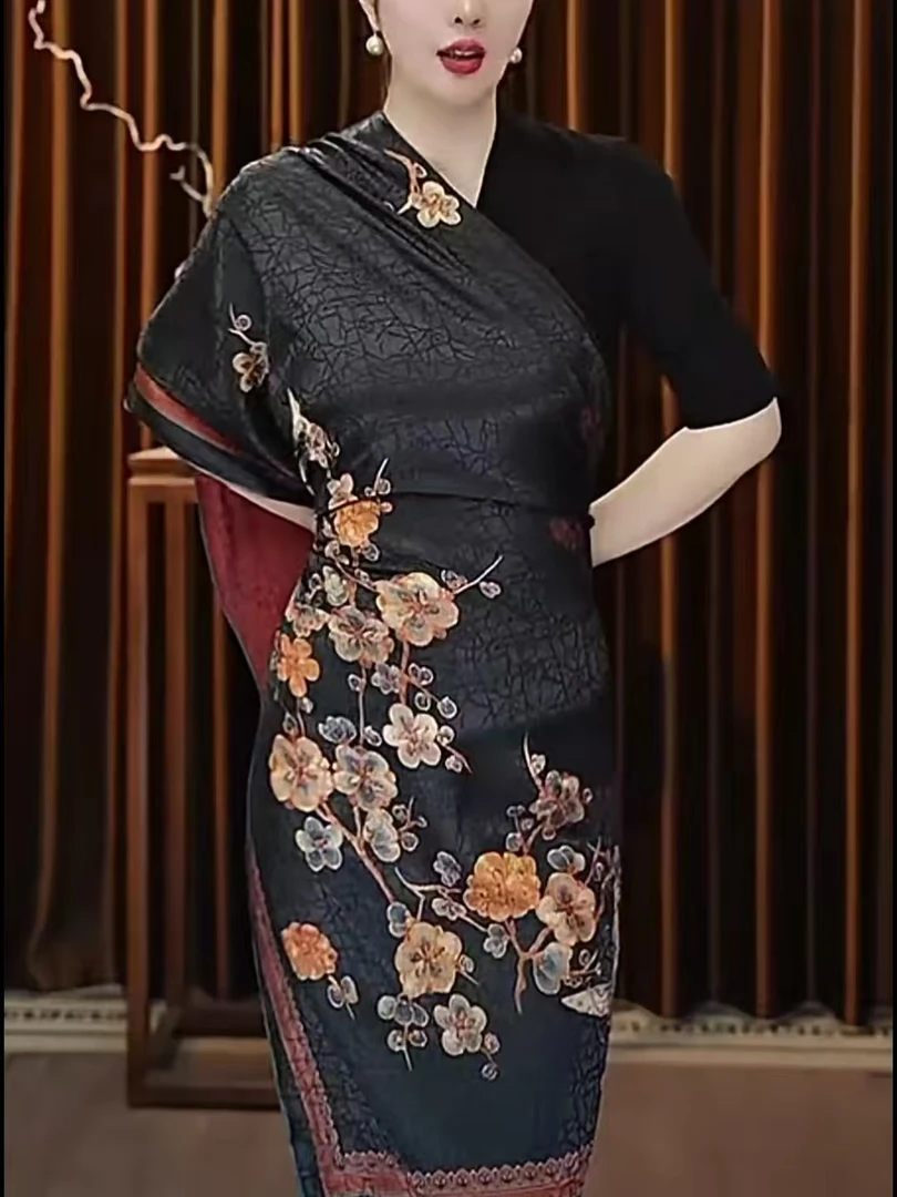 蝶恋花国风龟裂纹女士丝巾围巾披肩双面双色手工卷边可做裙子旗袍