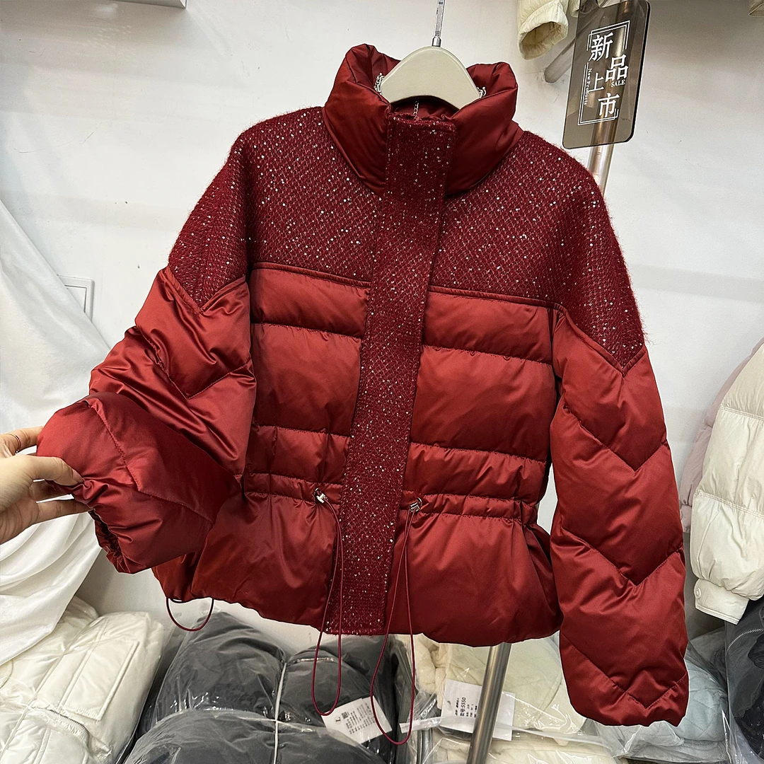 羽绒服女2025冬装新款欧货设计感亮片毛呢拼接网红韩国90绒面包服