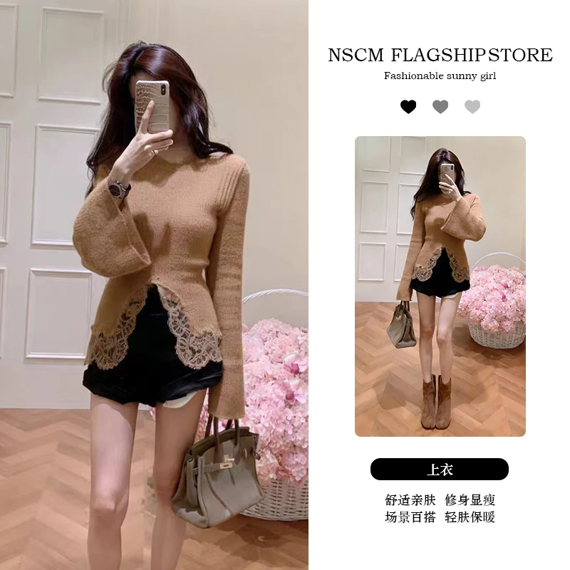 NSCM春秋新款韩版复古针织衫蕾丝拼接开叉设计感修身轻熟风毛衣