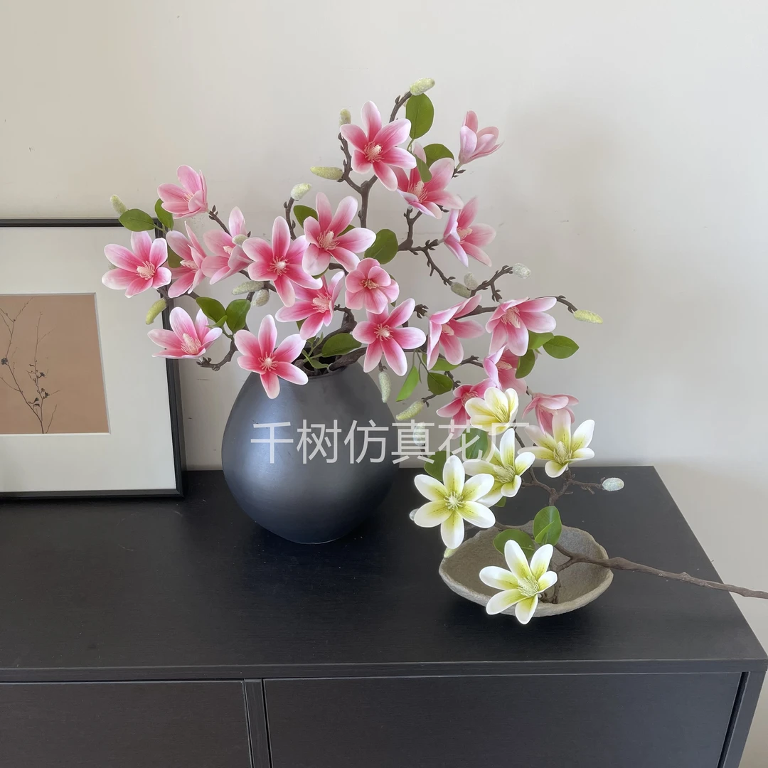 仿真小玉兰手感胶片仿真花假花多头风家居摆件装饰逼真高级感