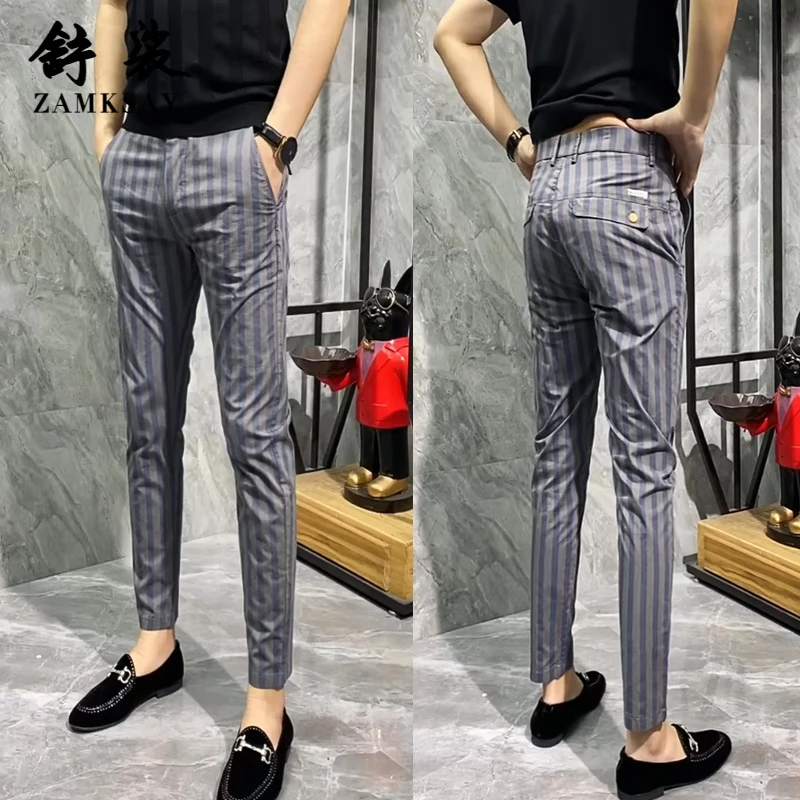 春季男士休闲裤子韩版潮流修身条纹小脚裤时尚都市显瘦直筒裤西裤