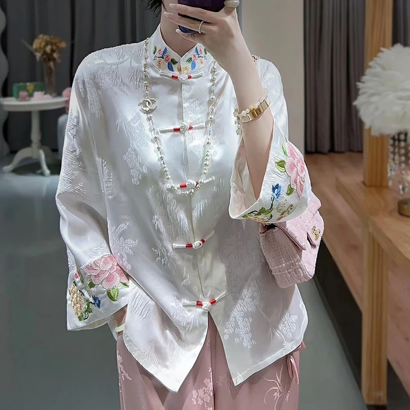 深圳南油重磅醋酸冠乐驺衬衫女秋重工刺绣复古气质新中式国风上衣