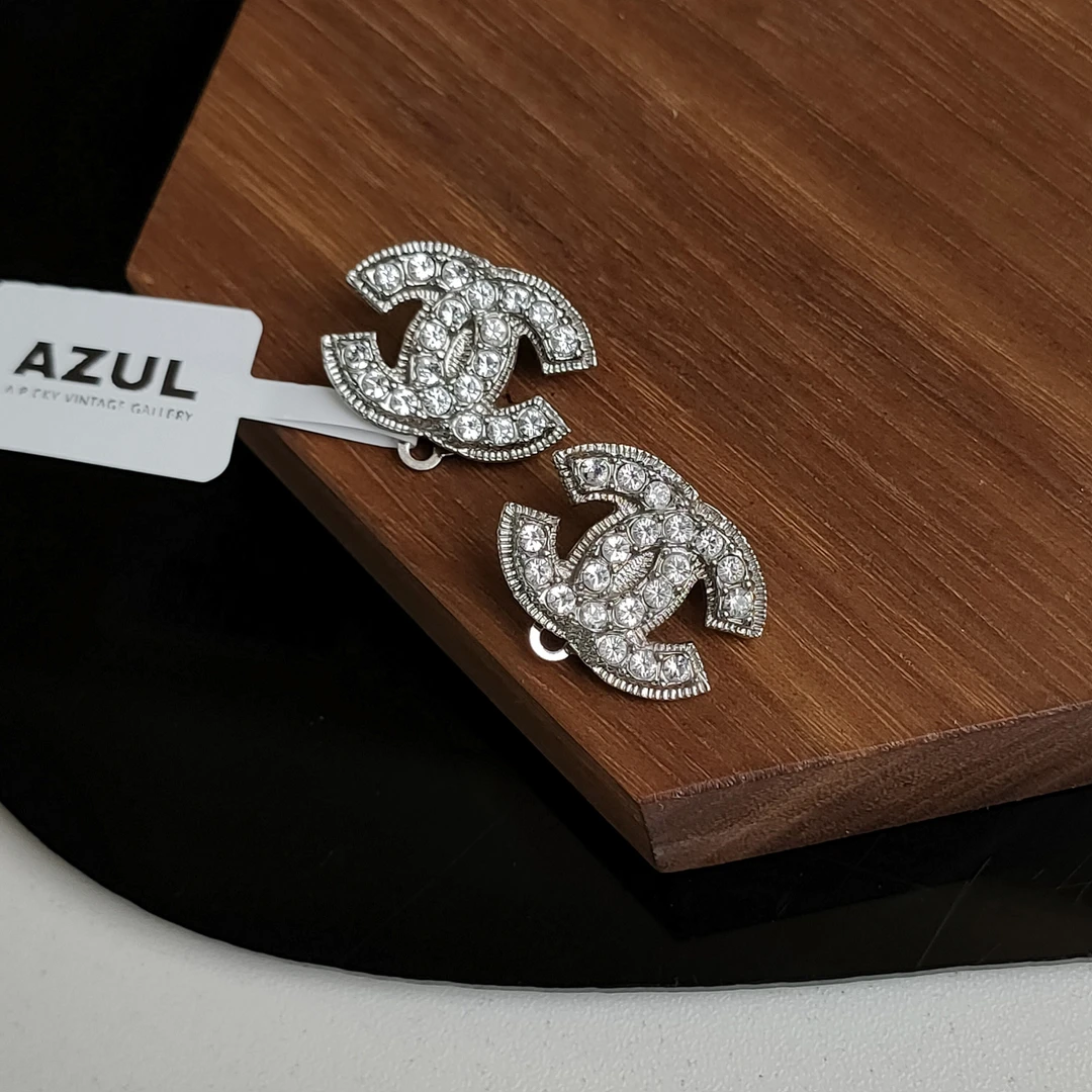 95新 Chanel/香奈儿 Azul - 10V银色满钻双C耳夹 46186