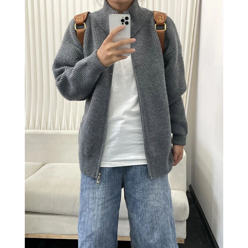 浅灰色立领拉链麦穗纹毛衣外套男女同款秋冬慵懒感针织开衫夹克潮