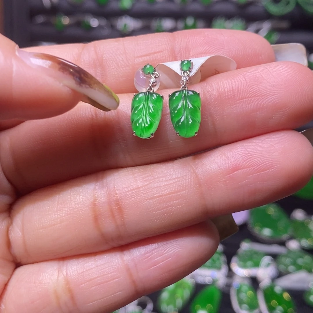 翡翠耳饰18K金镶嵌叶子耳坠