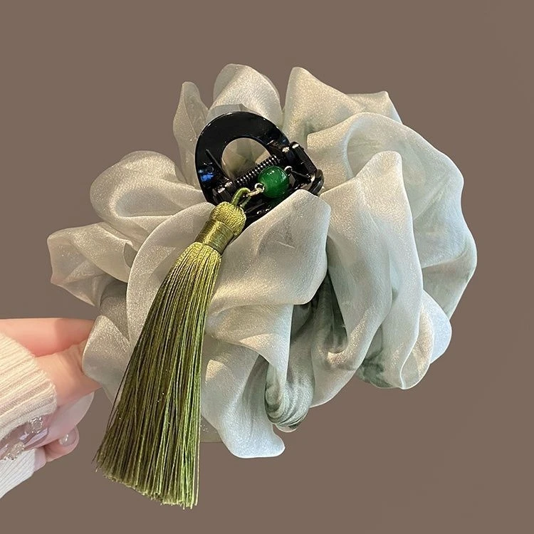 ~复古流苏云朵气质网纱显发量新中式时尚鲨鱼夹旅行发夹抓夹