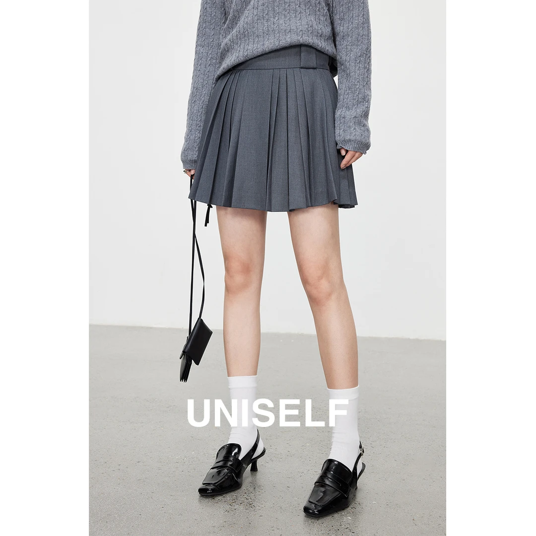 UNISELF高腰百褶半身裙女冬时髦显瘦百搭A字短裙100617