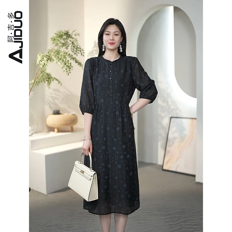 阿吉多经典百搭黑色波点连衣裙2025大码显瘦遮肉夏季复古休闲裙子