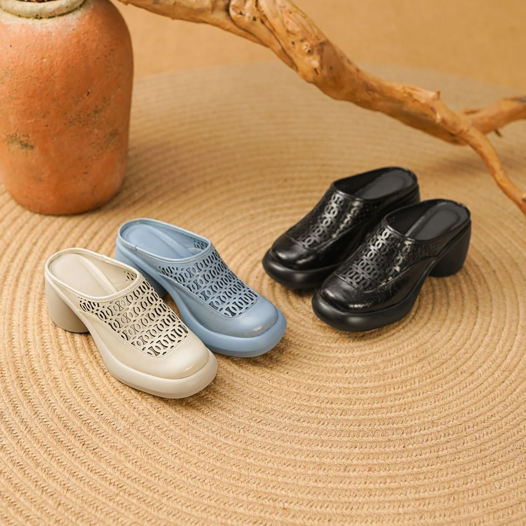 7cm/法式包头半拖鞋女夏季透气镂空松糕厚底女鞋圆头粗跟皮拖鞋女