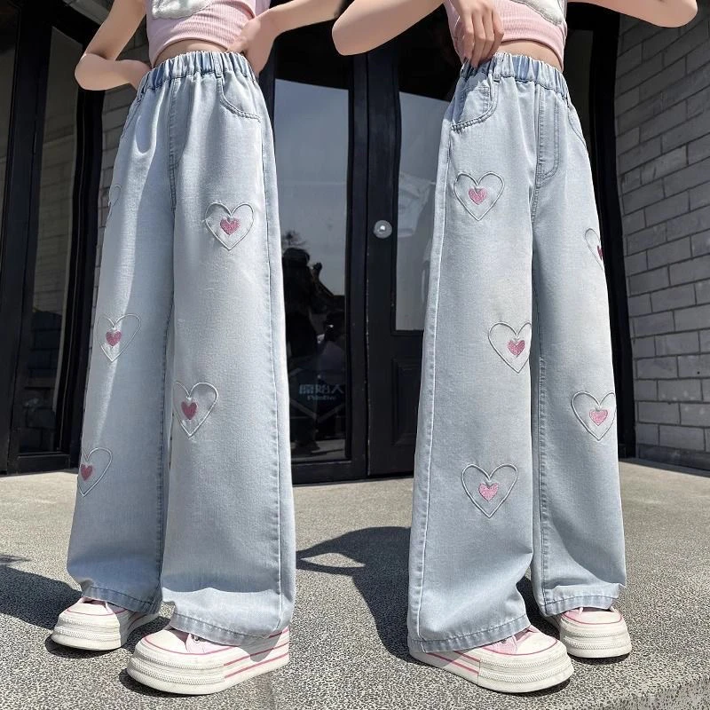 女童裤子夏季薄款2025新款夏款炸街绣中大百搭儿童天丝牛仔裤