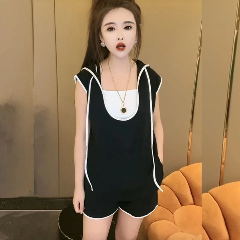 宽松显瘦大码女裤套装夏季新款洋气短袖三件套气质百搭裤子拉链设