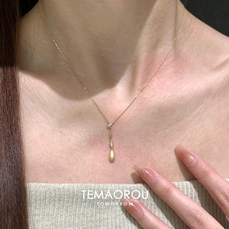 铜合金项链 极简主义~y字拉丝水滴项链闪钻极细款精致锁骨链潮女